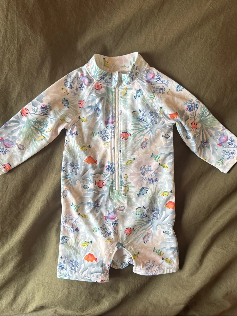 Janie and Jack White Long-Sleeve One-Piece Swim Suit with Multicolor Fish